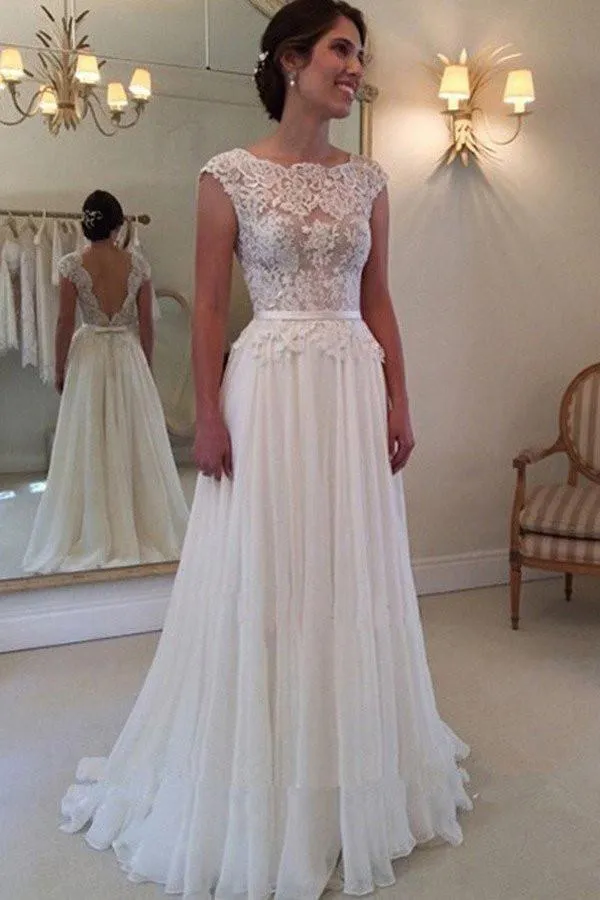 A-line Lace Appliqued Cap Sleeves Ivory Chiffon Bridal Dress,Long Beach Wedding Dress,N233