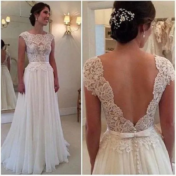 A-line Lace Appliqued Cap Sleeves Ivory Chiffon Bridal Dress,Long Beach Wedding Dress,N233