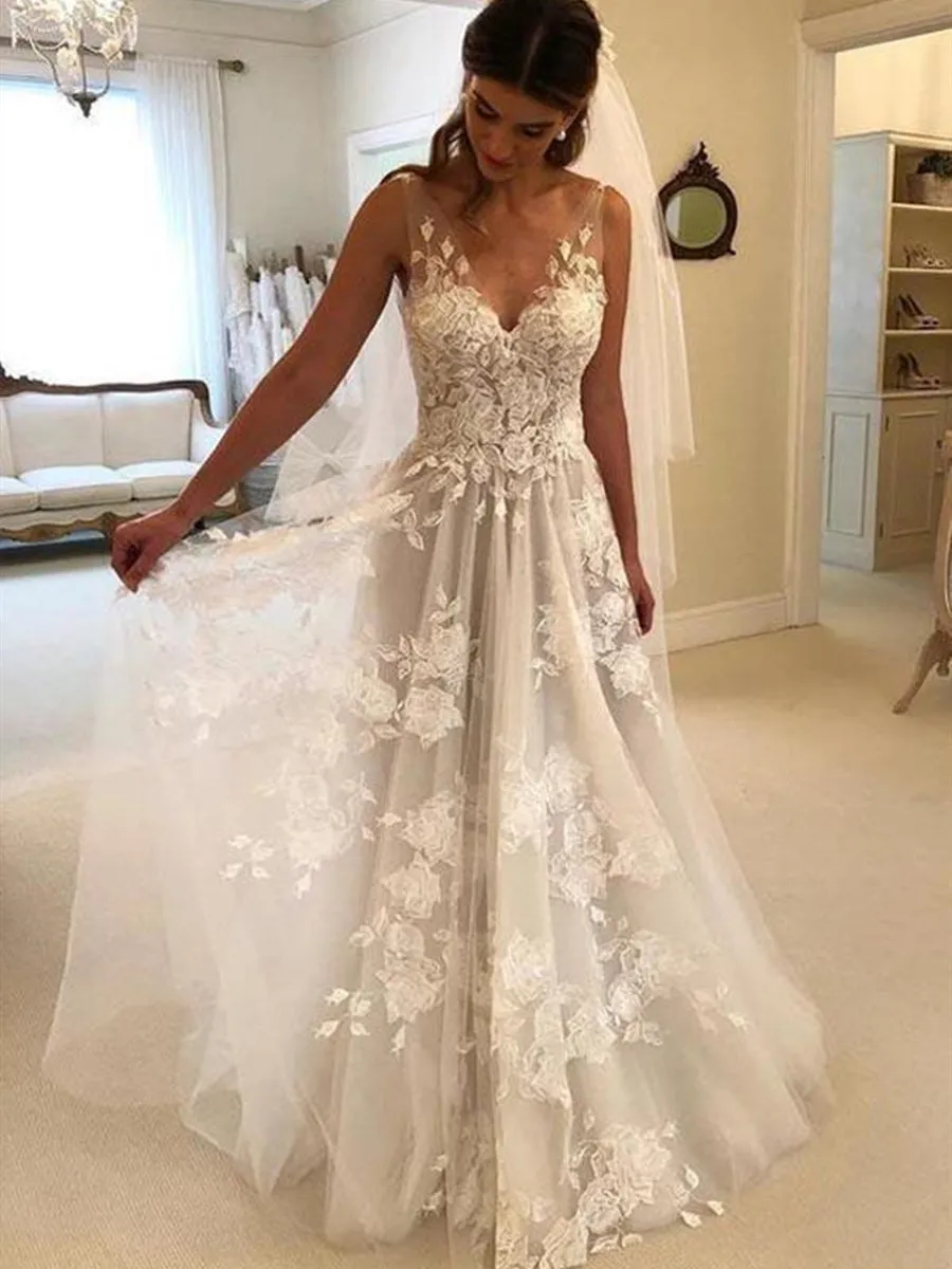 A Line V Neck Lace Appliques White Long Prom Wedding, V Neck White Lace Formal, White Lace Evening