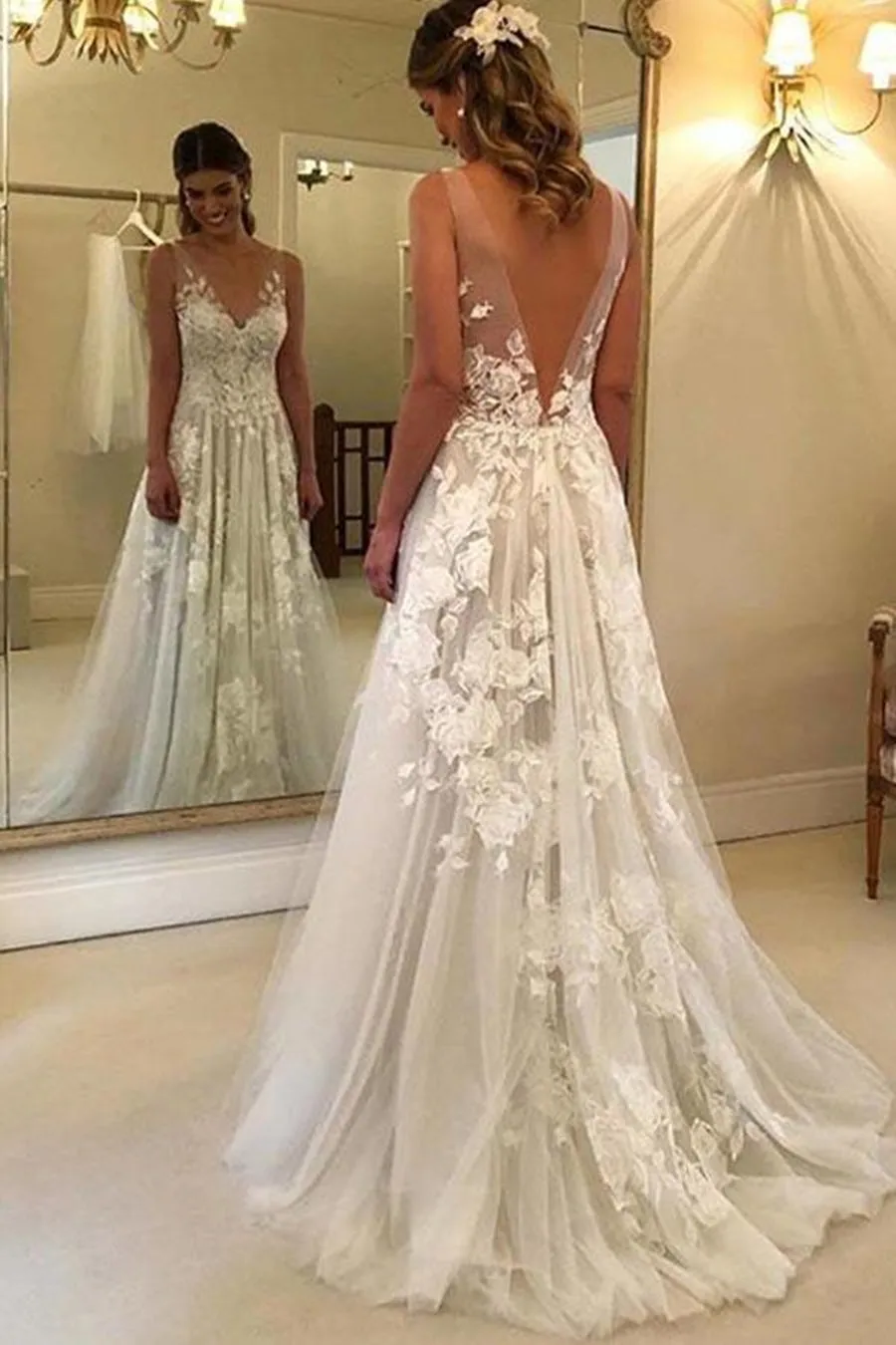 A Line V Neck Lace Appliques White Long Prom Wedding, V Neck White Lace Formal, White Lace Evening