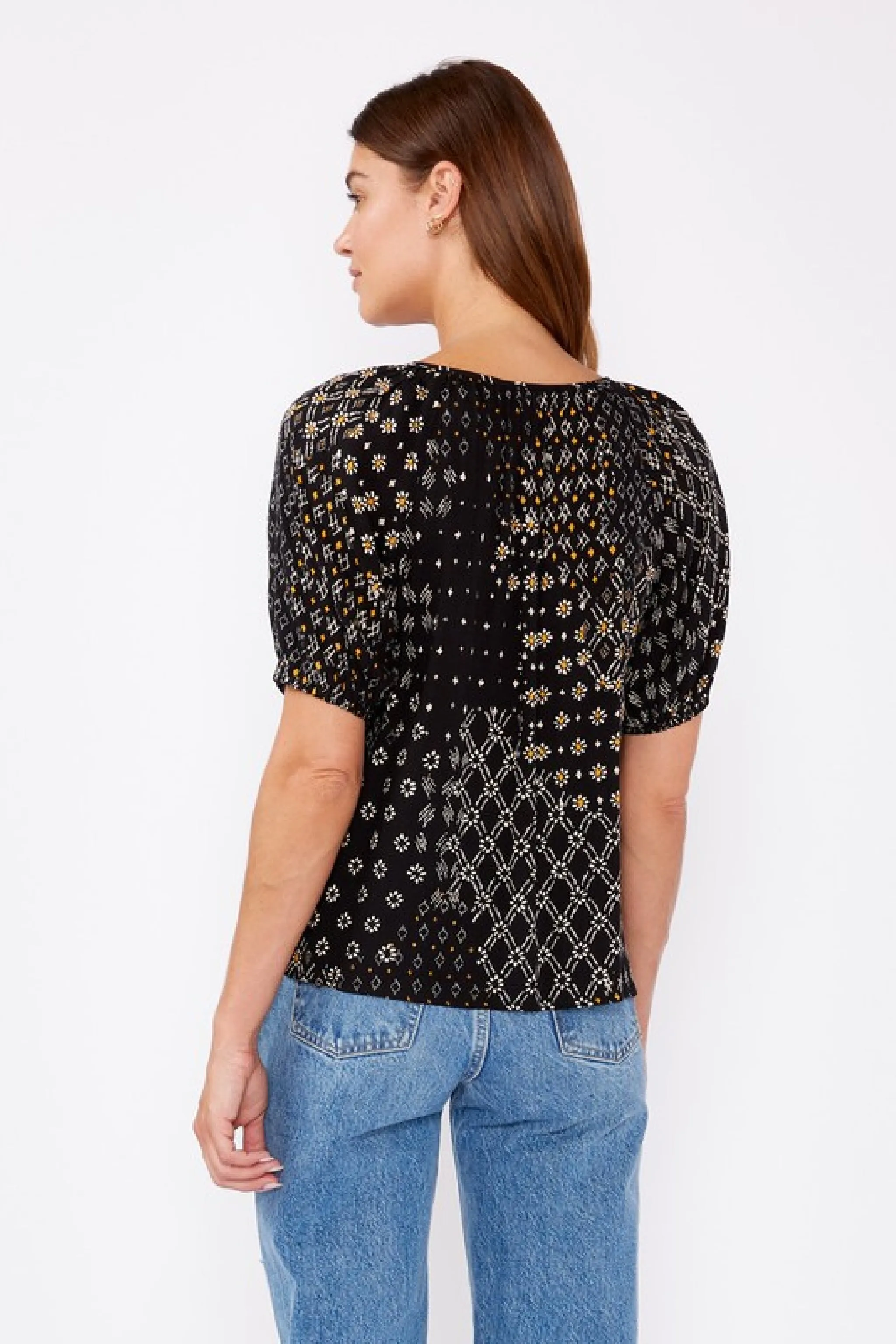 Adele Short Puff Sleeve Abstract Print Top Black