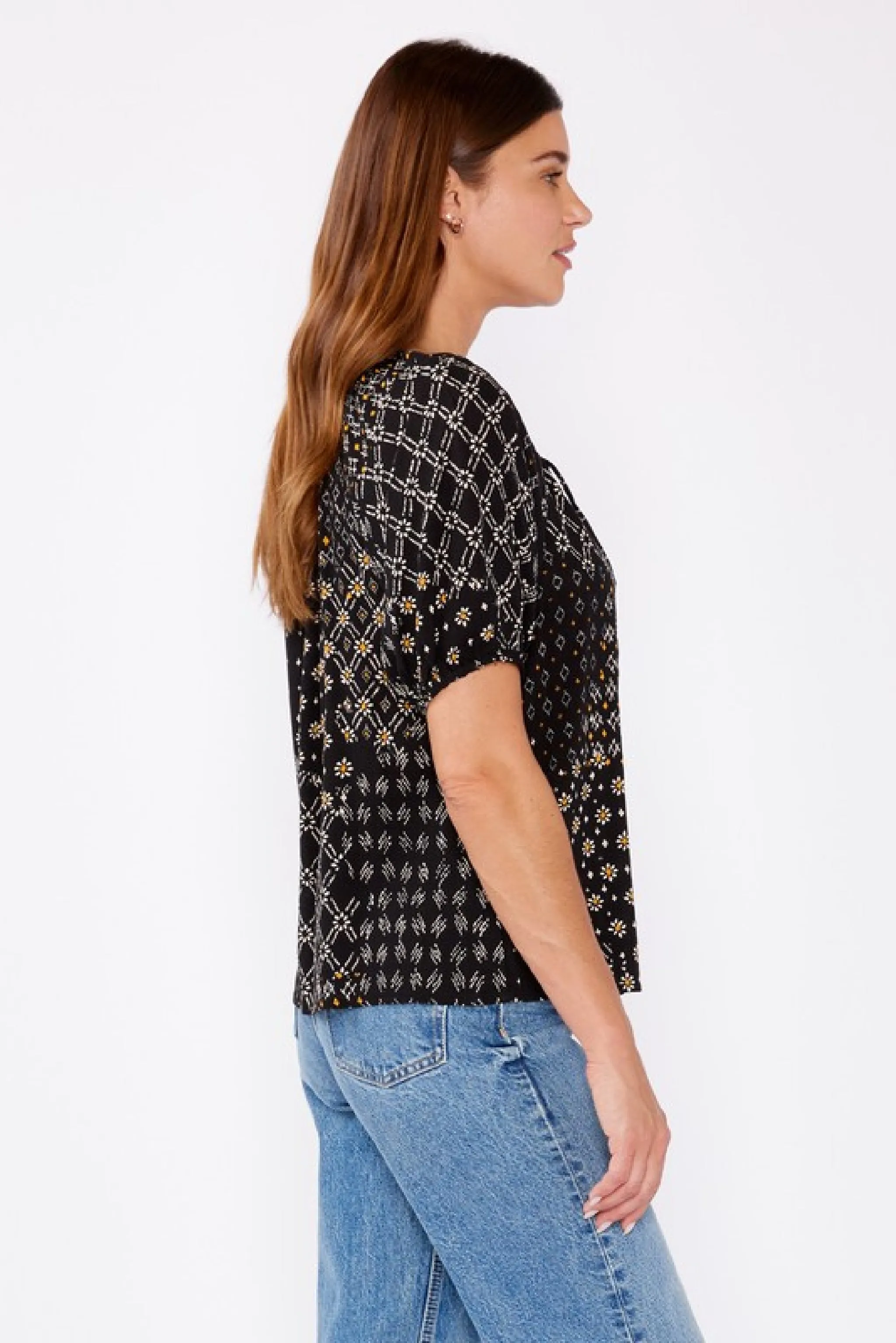 Adele Short Puff Sleeve Abstract Print Top Black