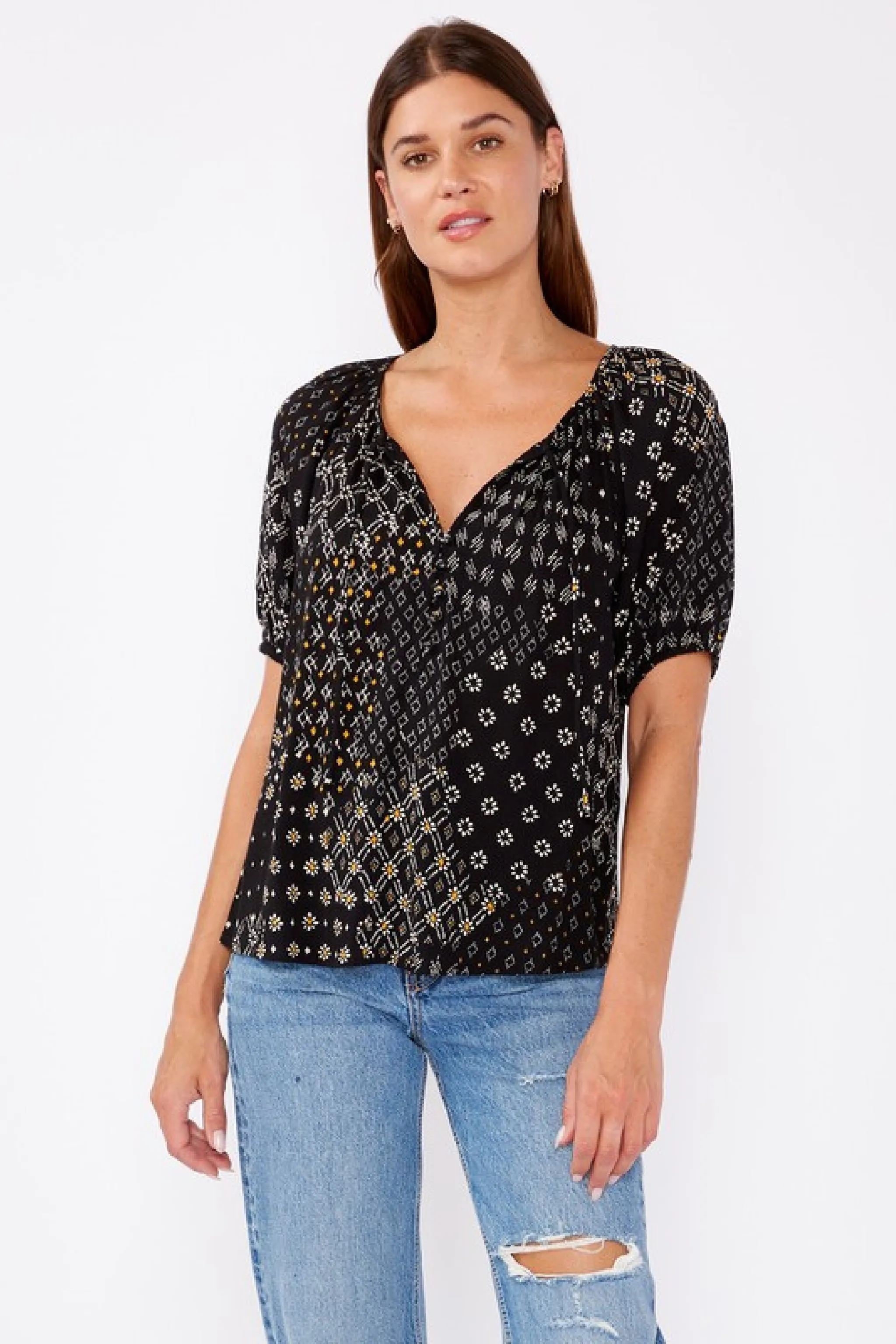 Adele Short Puff Sleeve Abstract Print Top Black