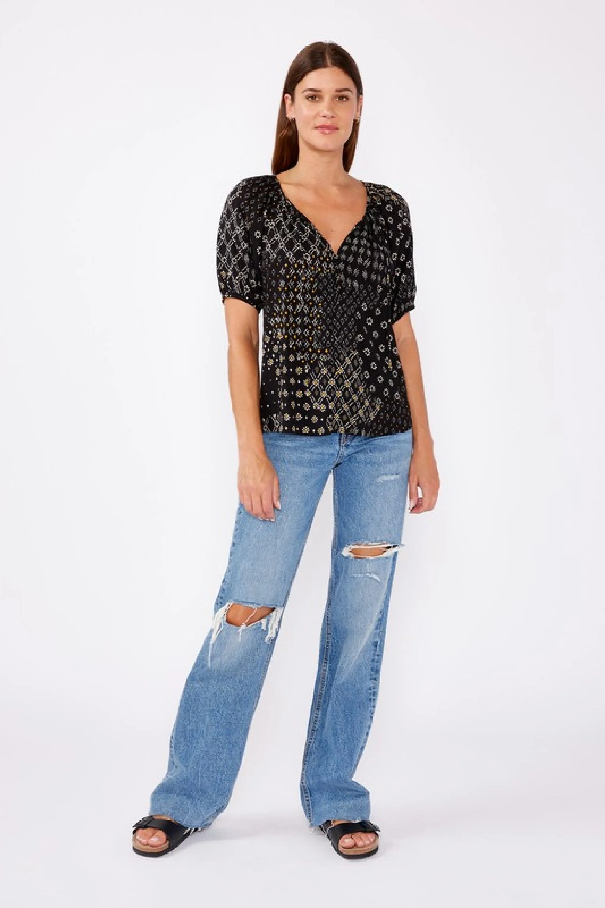 Adele Short Puff Sleeve Abstract Print Top Black