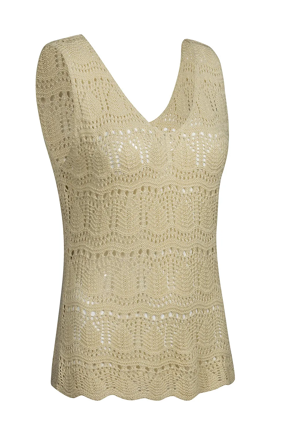 Apricot Elegant Crocheted V Neck Sleeveless Sweater Vest