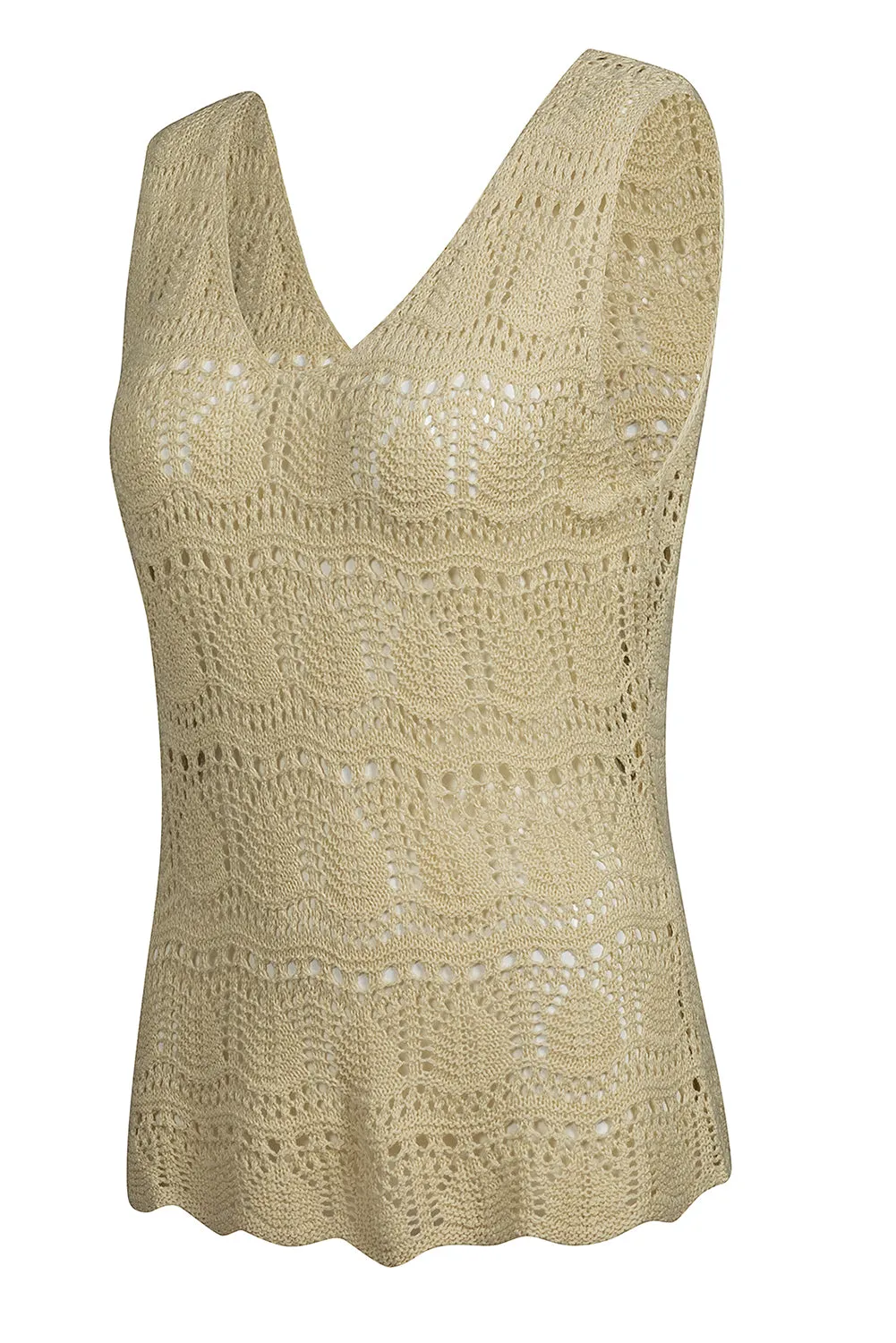 Apricot Elegant Crocheted V Neck Sleeveless Sweater Vest