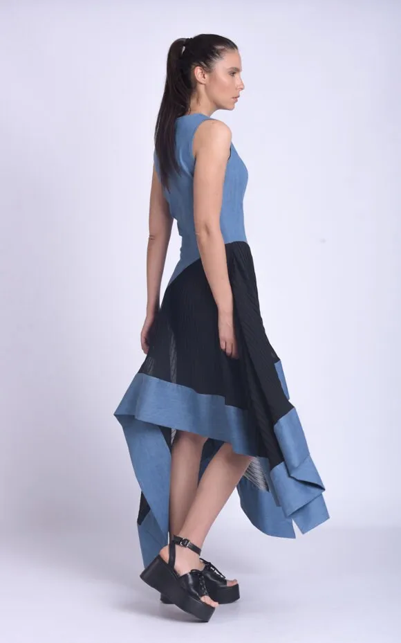 Asymmetric Denim Chiffon Dress