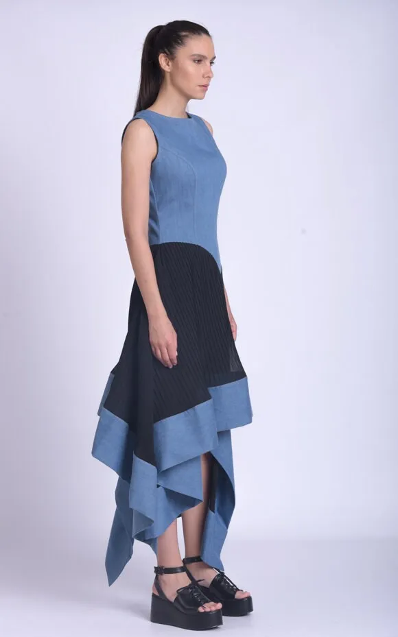 Asymmetric Denim Chiffon Dress