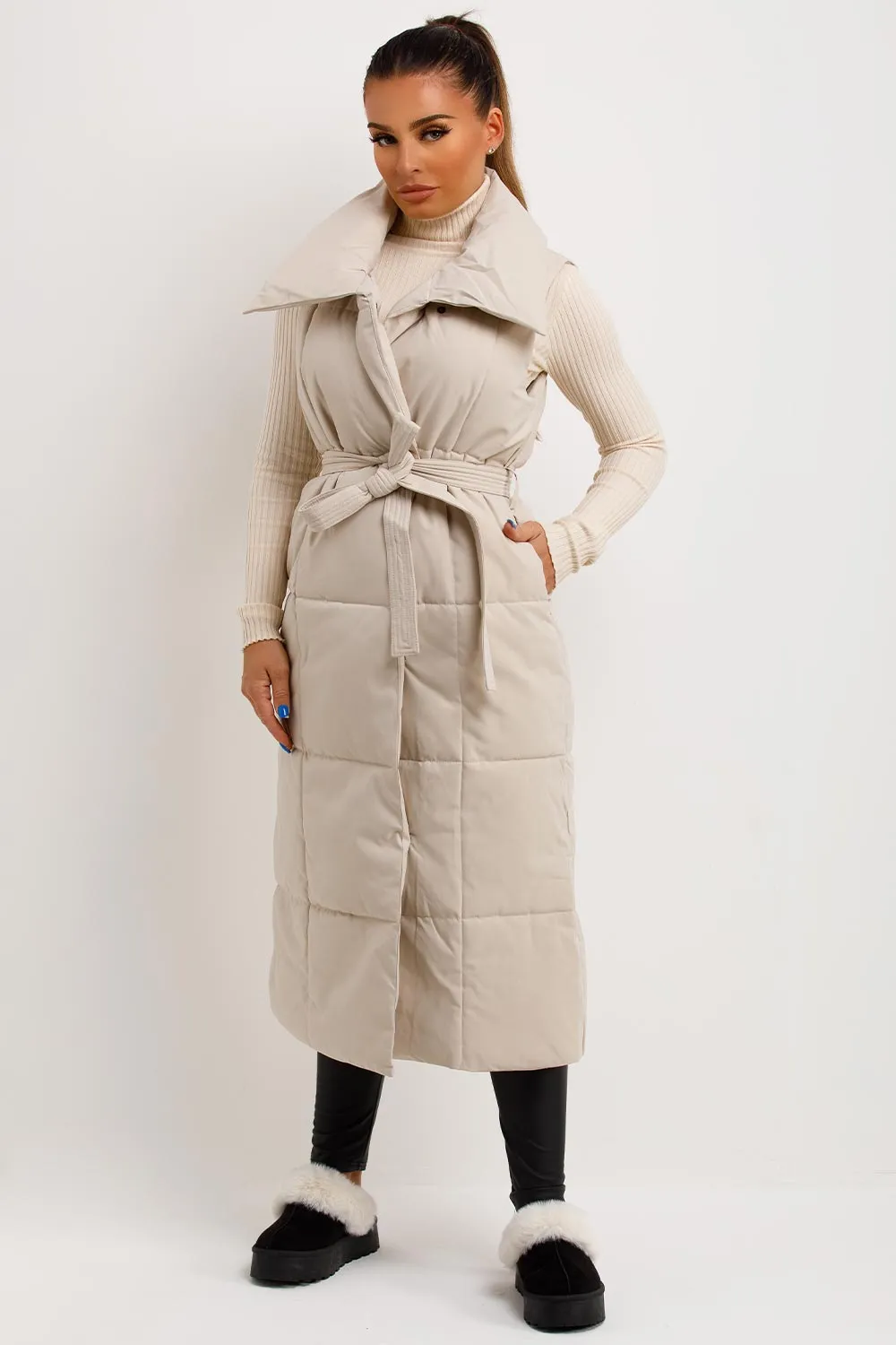 Beige Duvet Padded Gilet Longline