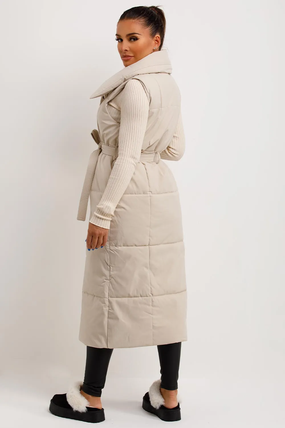 Beige Duvet Padded Gilet Longline