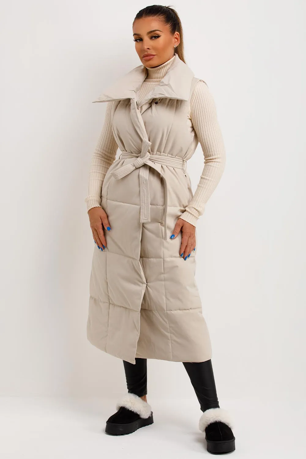 Beige Duvet Padded Gilet Longline