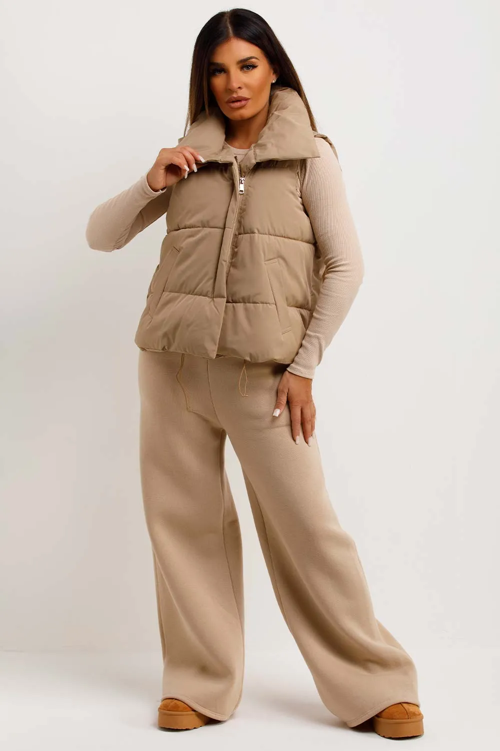 Beige Puffer Duvet Gilet With Drawstrings