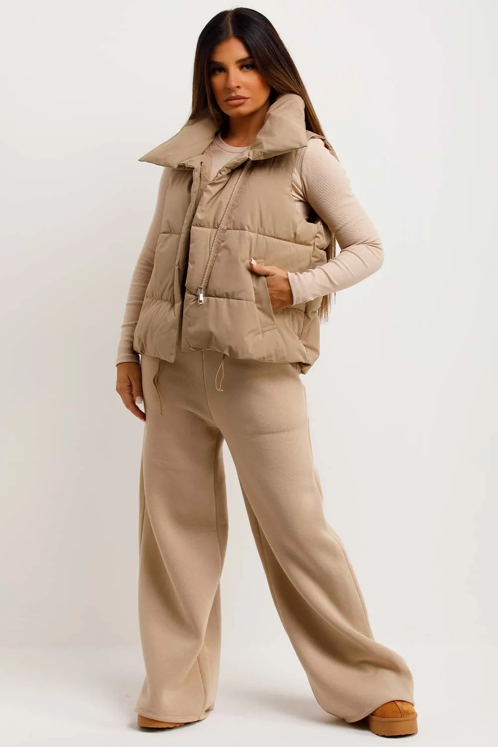 Beige Puffer Duvet Gilet With Drawstrings