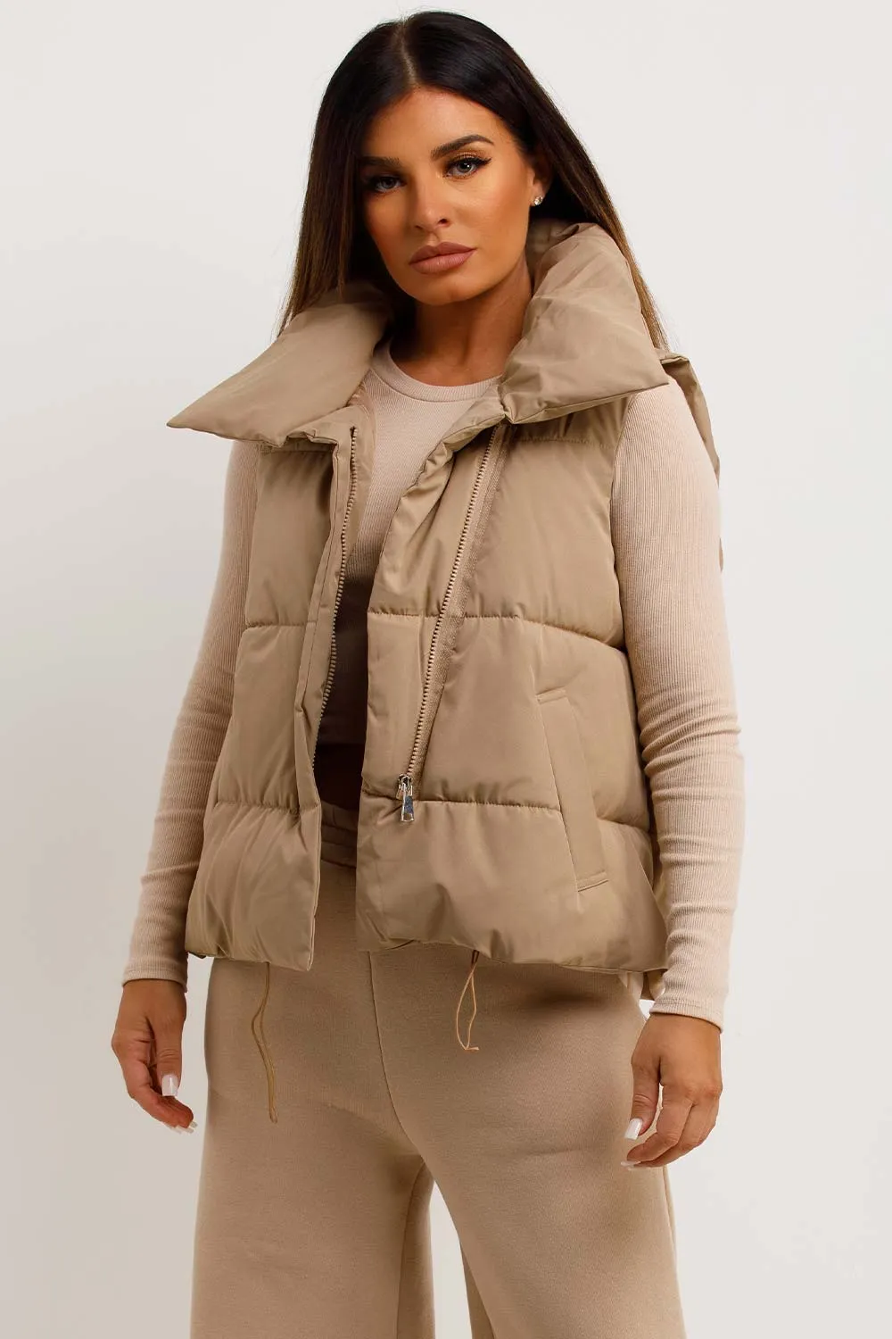 Beige Puffer Duvet Gilet With Drawstrings