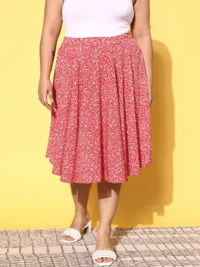 Berrylush Women Plus Size Red & White Floral Printed Polyester Slip-On Flared Midi Skirt