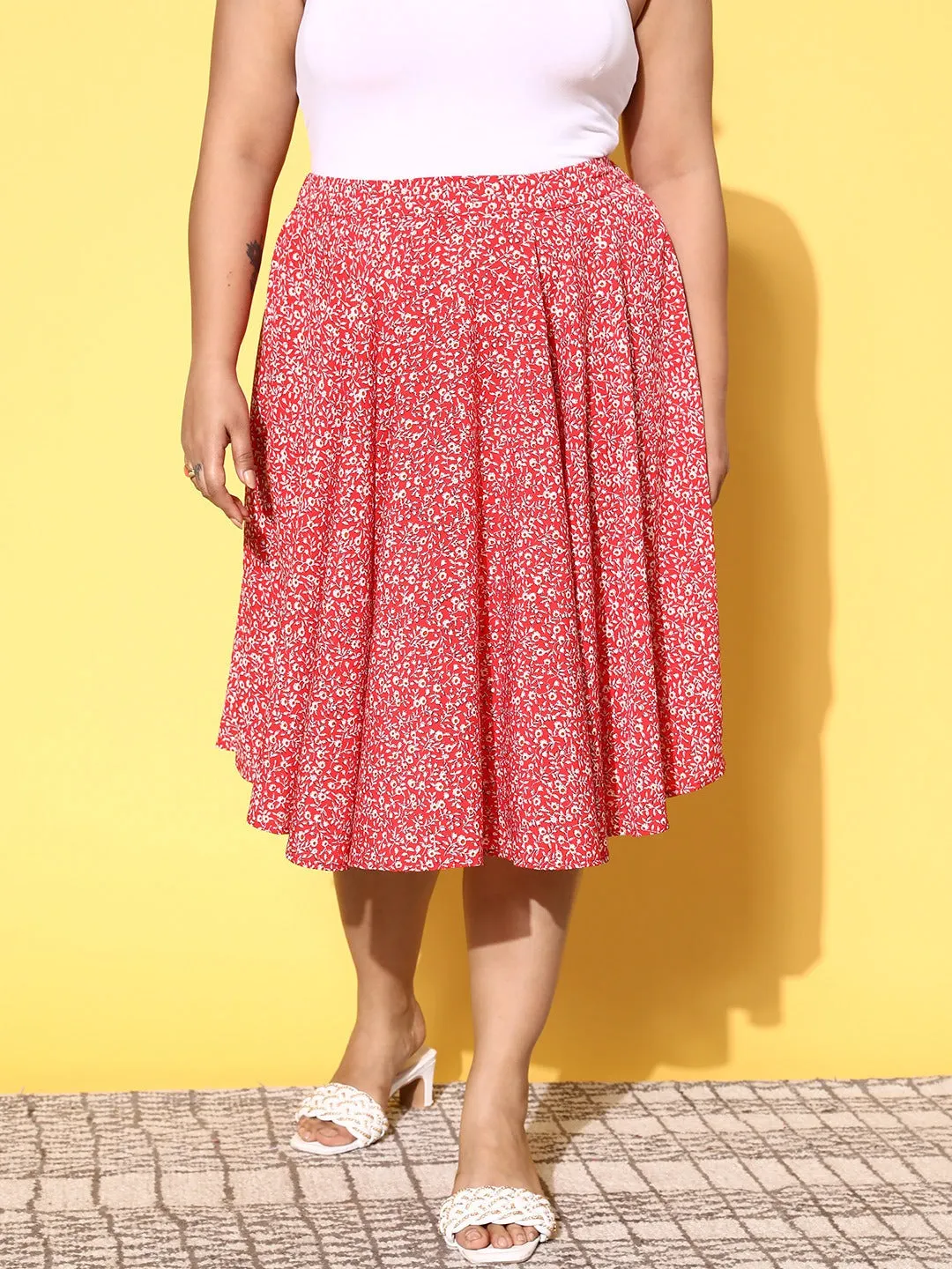 Berrylush Women Plus Size Red & White Floral Printed Polyester Slip-On Flared Midi Skirt