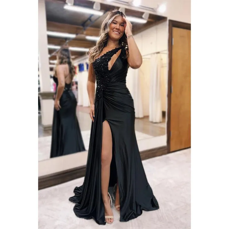 Black Beaded One Shoulde Satin Pleats Long Prom Dress with Slit Evening Gown