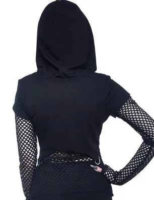 Black Fishnet Cropped Pentagon Hooded Top