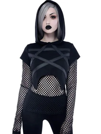 Black Fishnet Cropped Pentagon Hooded Top