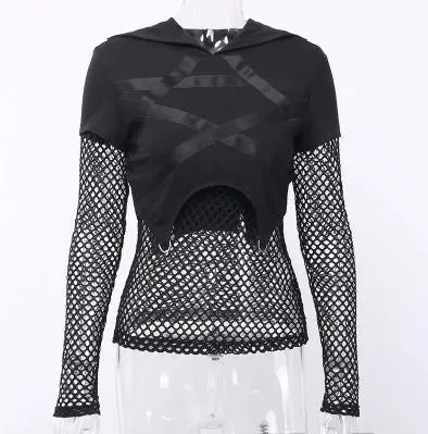 Black Fishnet Cropped Pentagon Hooded Top