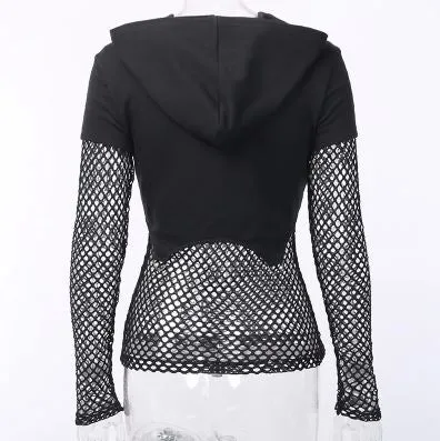 Black Fishnet Cropped Pentagon Hooded Top