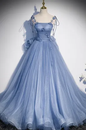 Blue Spaghetti Strap Tulle Long Dress, Blue Evening Dress with Bow