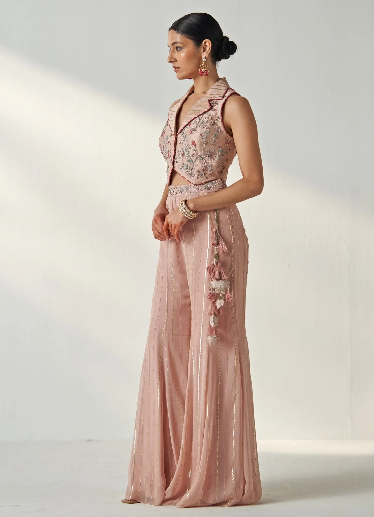 Blush Pink Embroidered Blouse With Sharara Pants