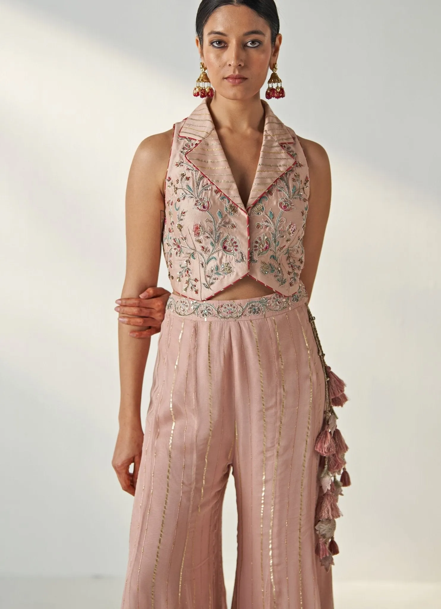 Blush Pink Embroidered Blouse With Sharara Pants