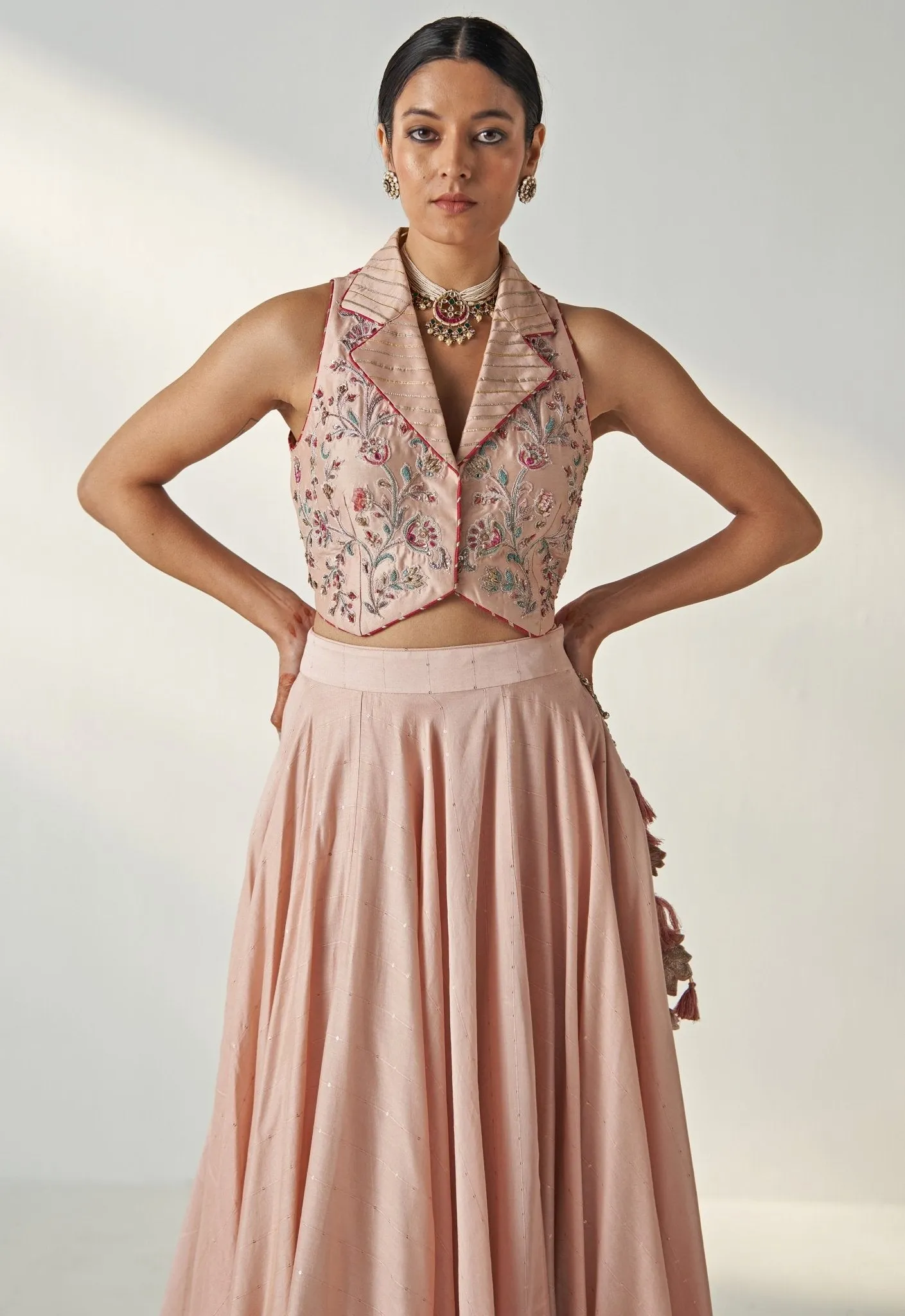 Blush Pink Embroidered Chanderi Lehenga With Gilet Top