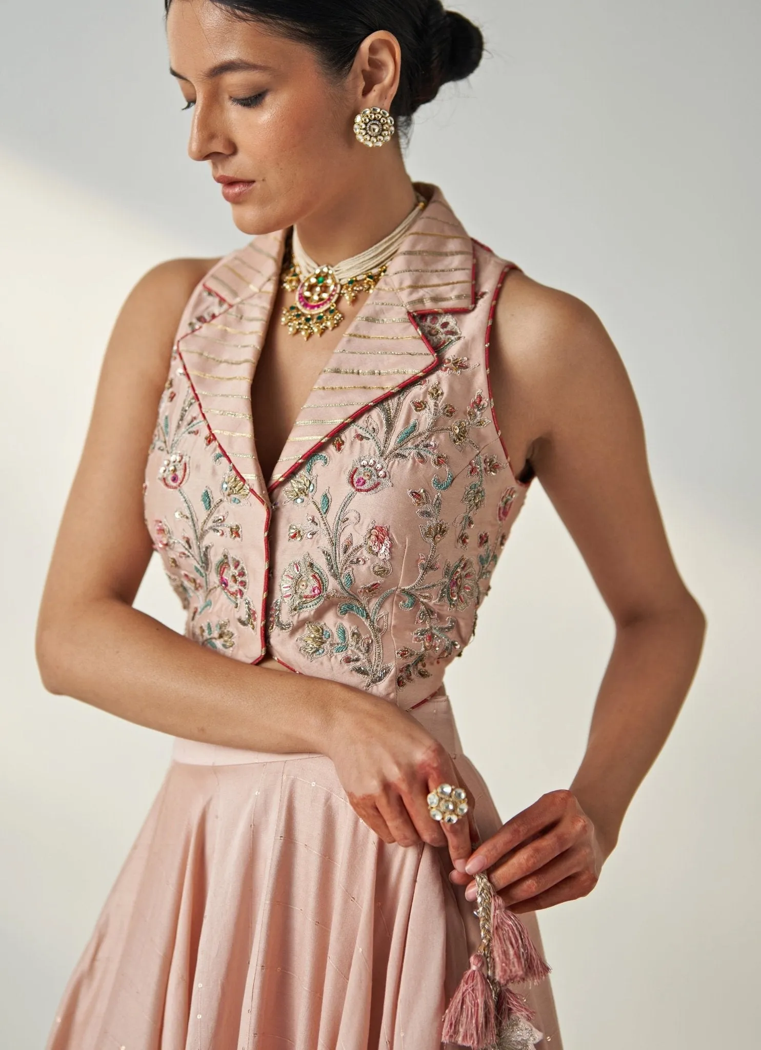 Blush Pink Embroidered Chanderi Lehenga With Gilet Top