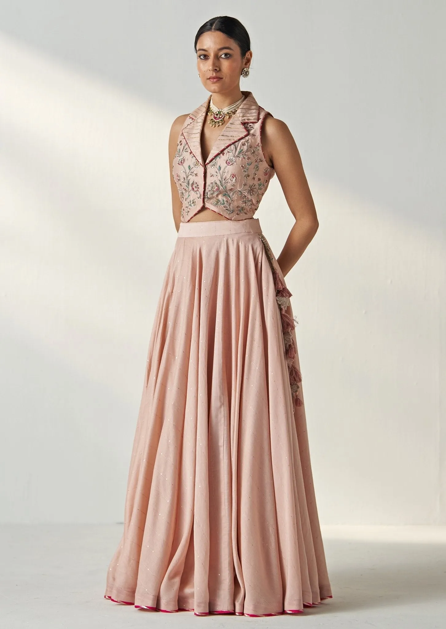 Blush Pink Embroidered Chanderi Lehenga With Gilet Top