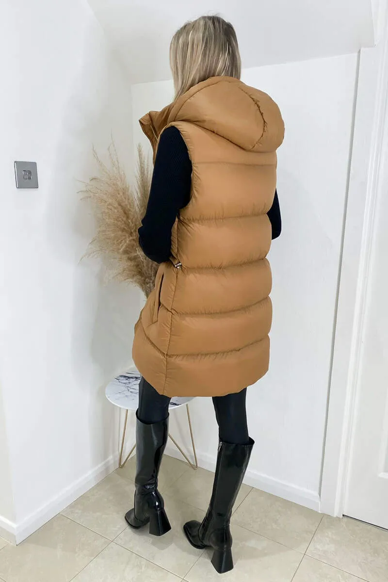 Camel Drawstring Hooded Gilet