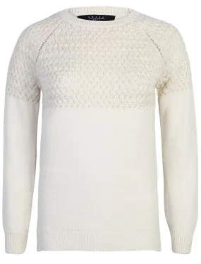 Carnation Knitted Jumper with Cross Stitch Gold Lurex Panel in Pearled Ivory - Amara Reya