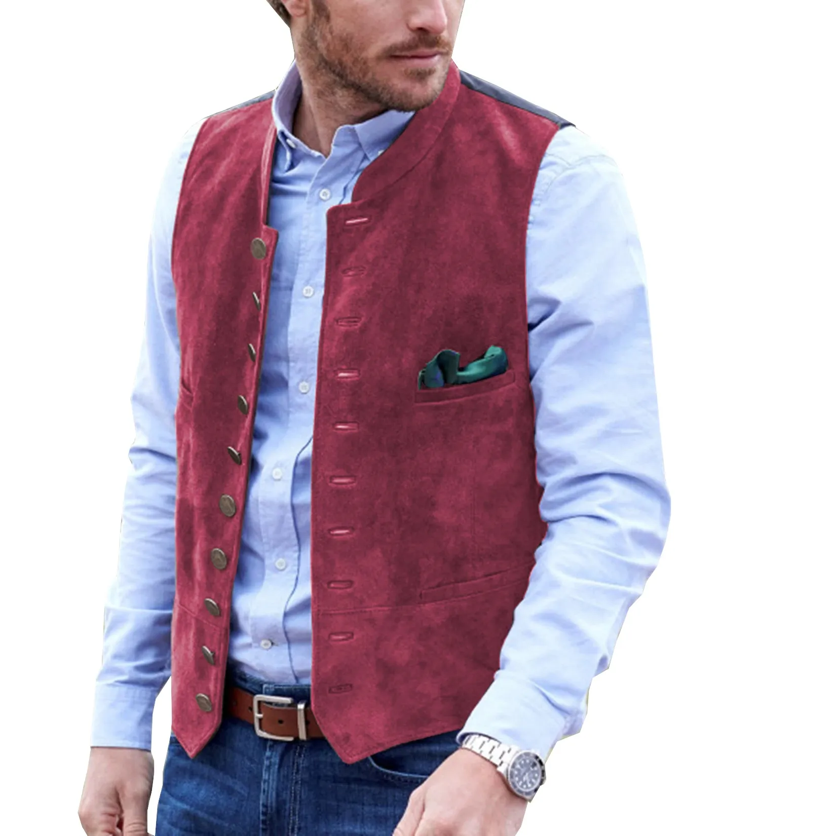 Casual Men's Classic Suede Stand Collar Waistcoat Denim Vest