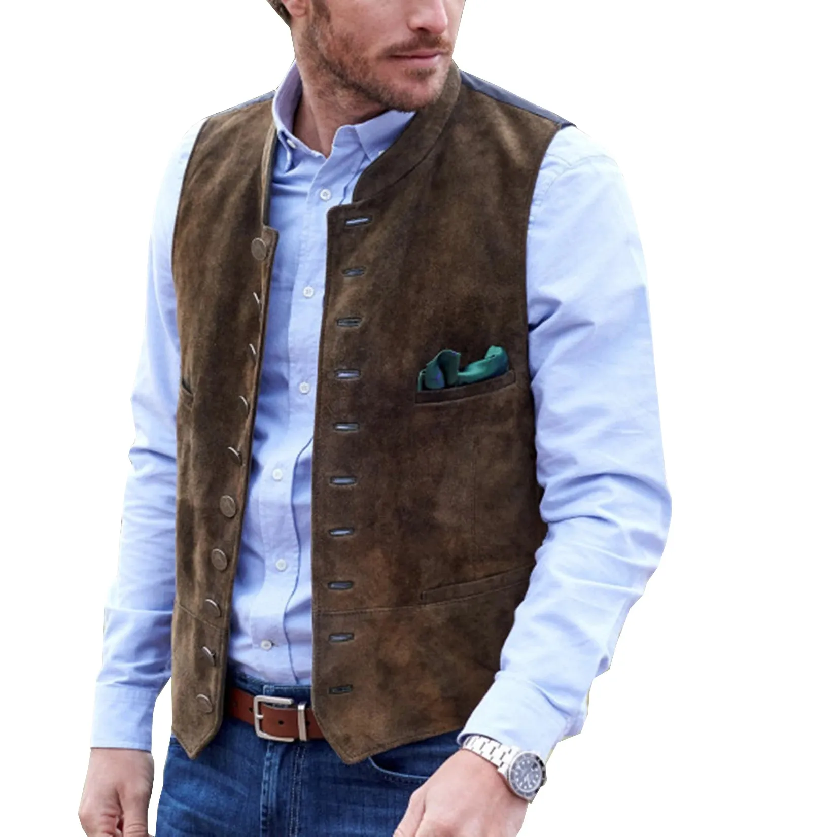 Casual Men's Classic Suede Stand Collar Waistcoat Denim Vest