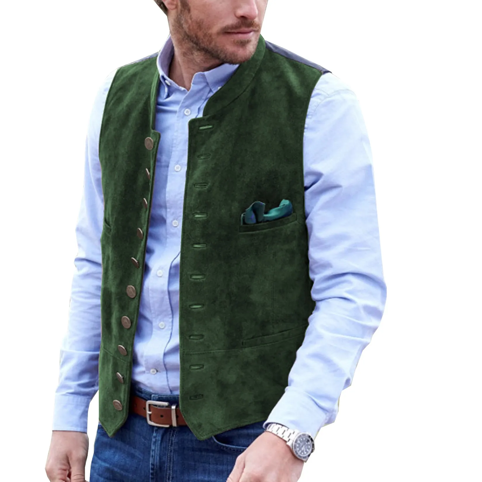 Casual Men's Classic Suede Stand Collar Waistcoat Denim Vest