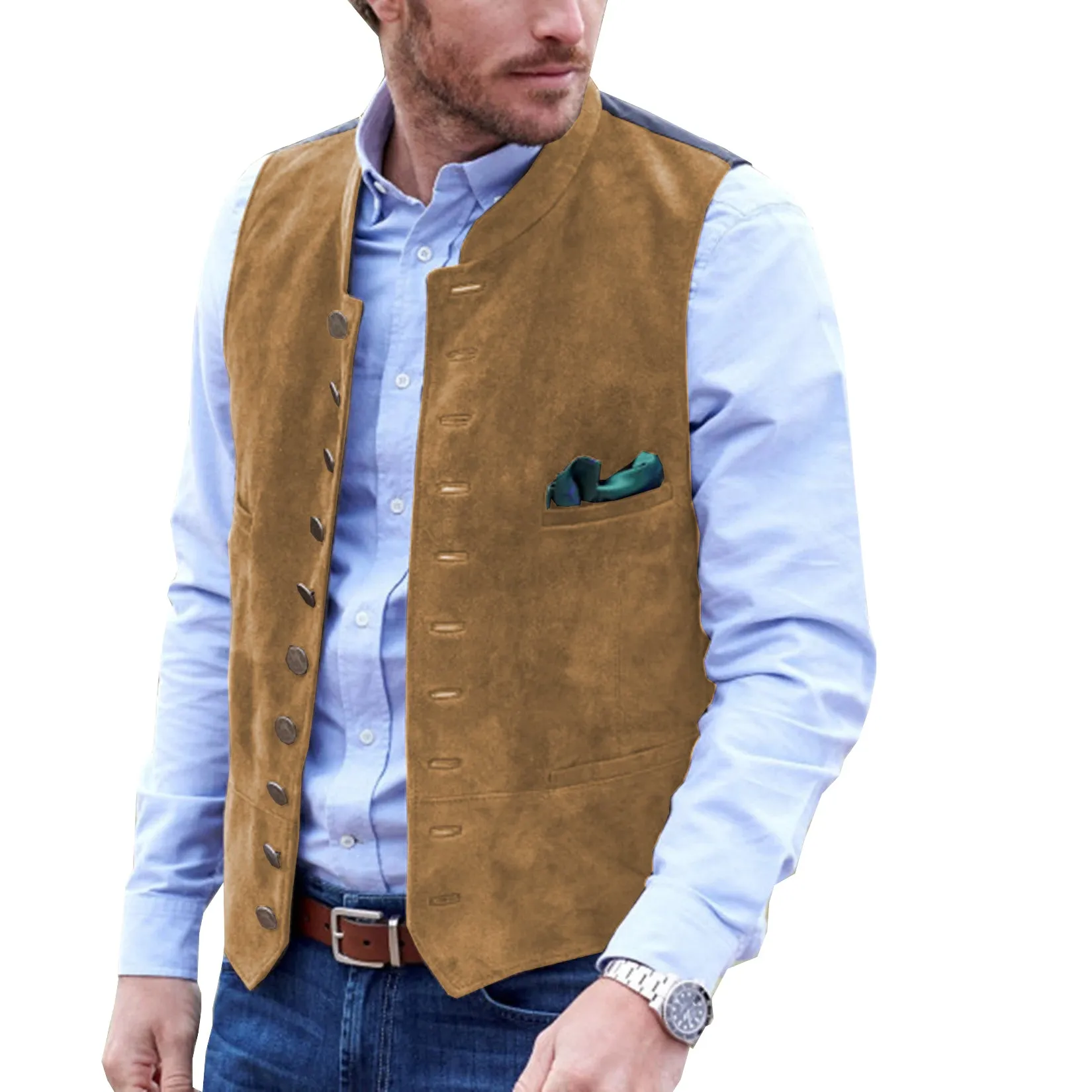 Casual Men's Classic Suede Stand Collar Waistcoat Denim Vest