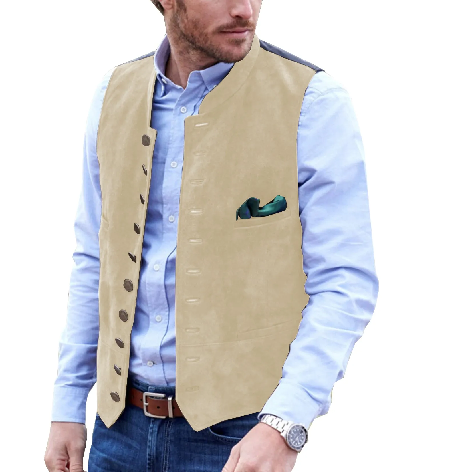 Casual Men's Classic Suede Stand Collar Waistcoat Denim Vest