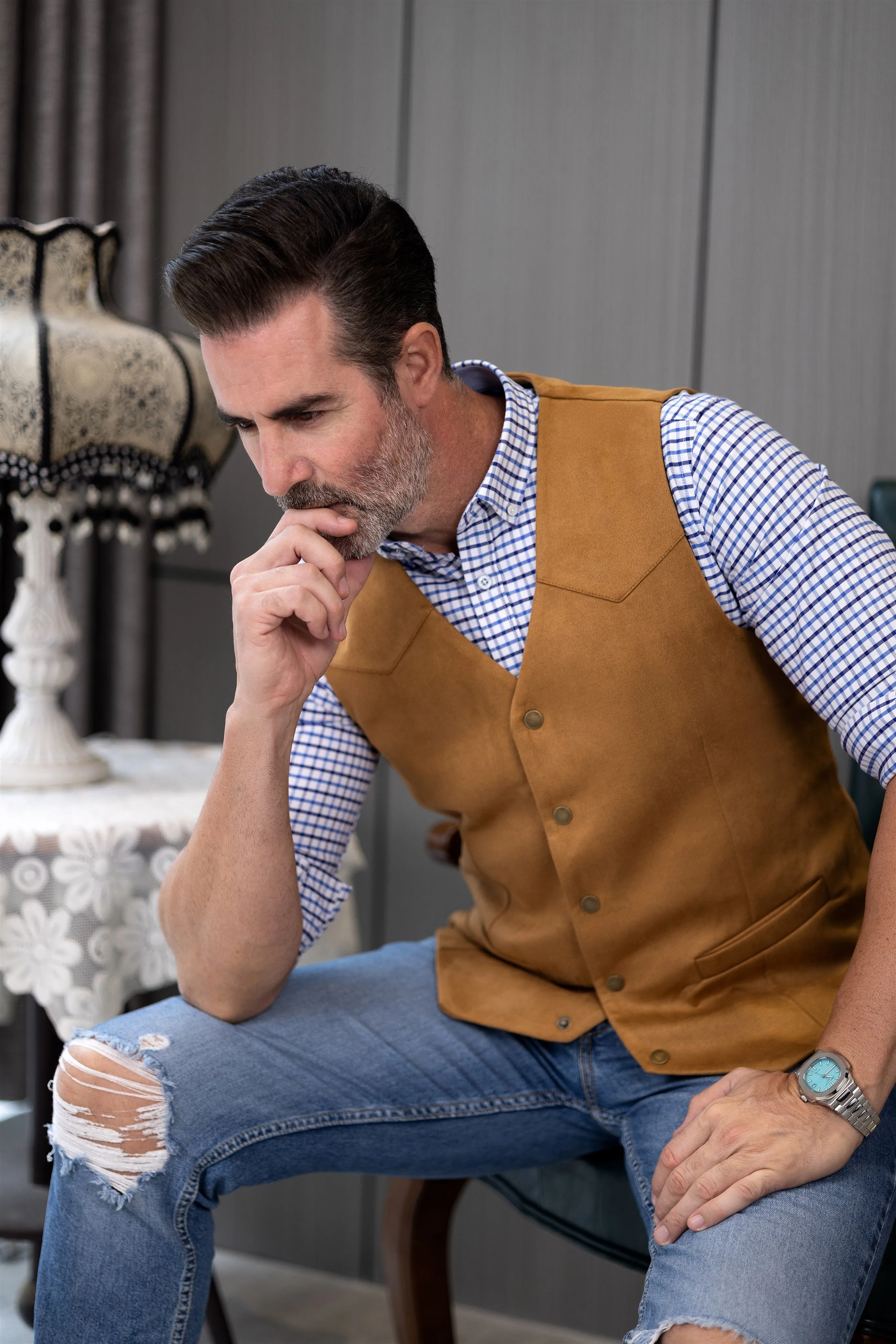 Casual Men's Fashion Suede V Neck Waistcoat Denim Vest