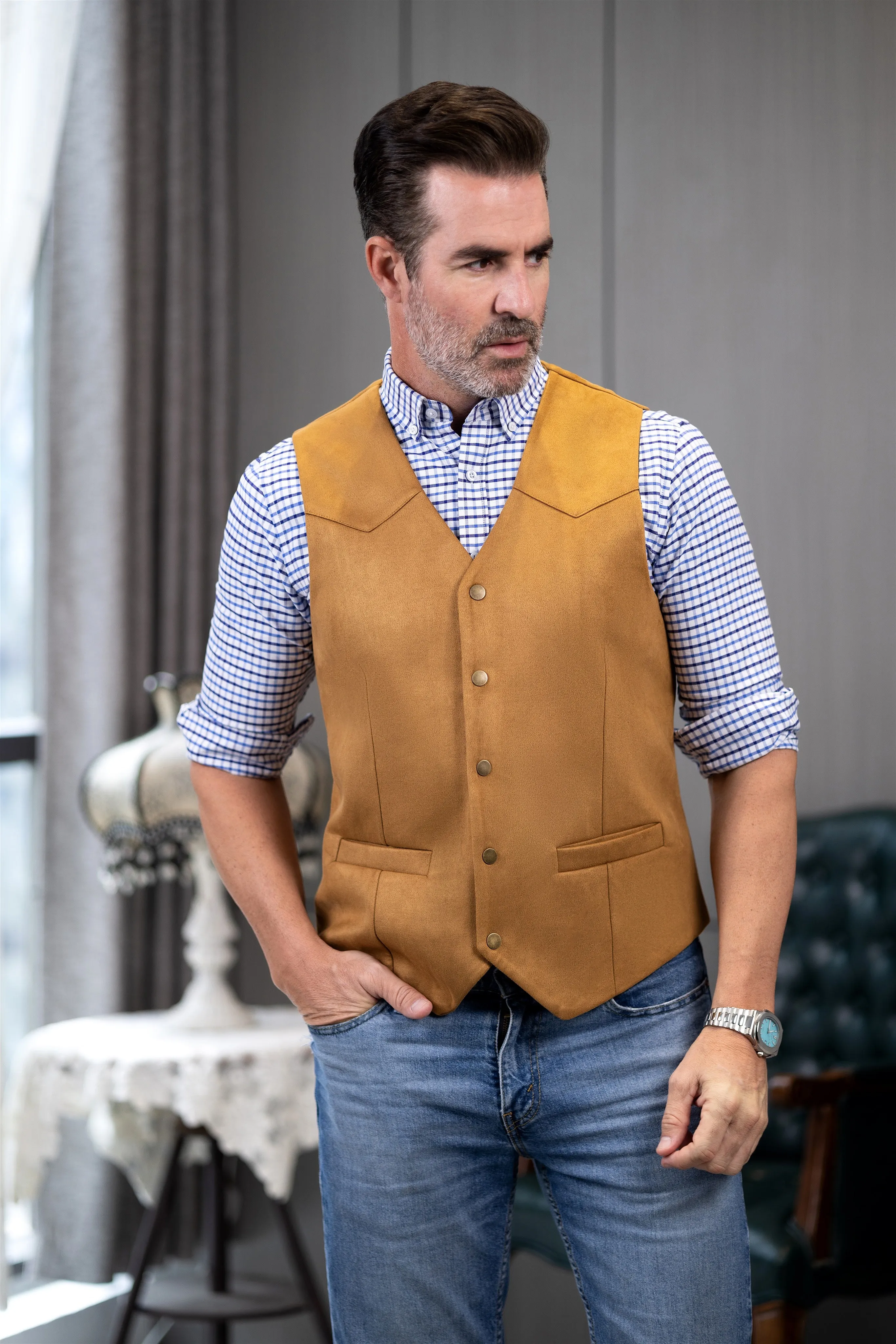 Casual Men's Fashion Suede V Neck Waistcoat Denim Vest