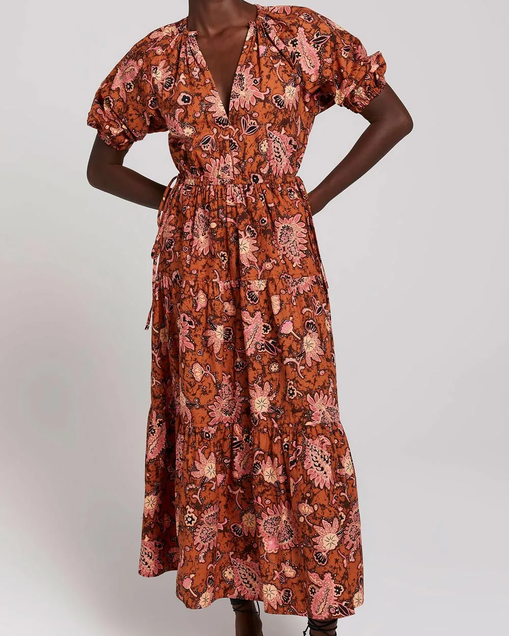 Cognac and Coral Paisley Mischa Midi Dress