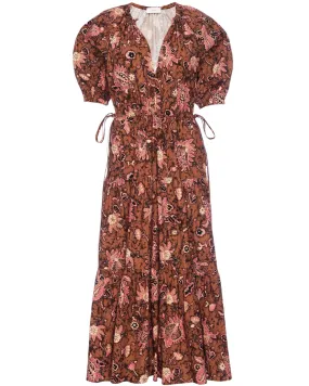 Cognac and Coral Paisley Mischa Midi Dress