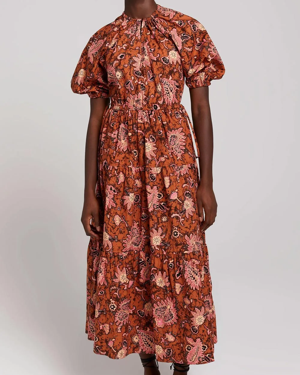 Cognac and Coral Paisley Mischa Midi Dress