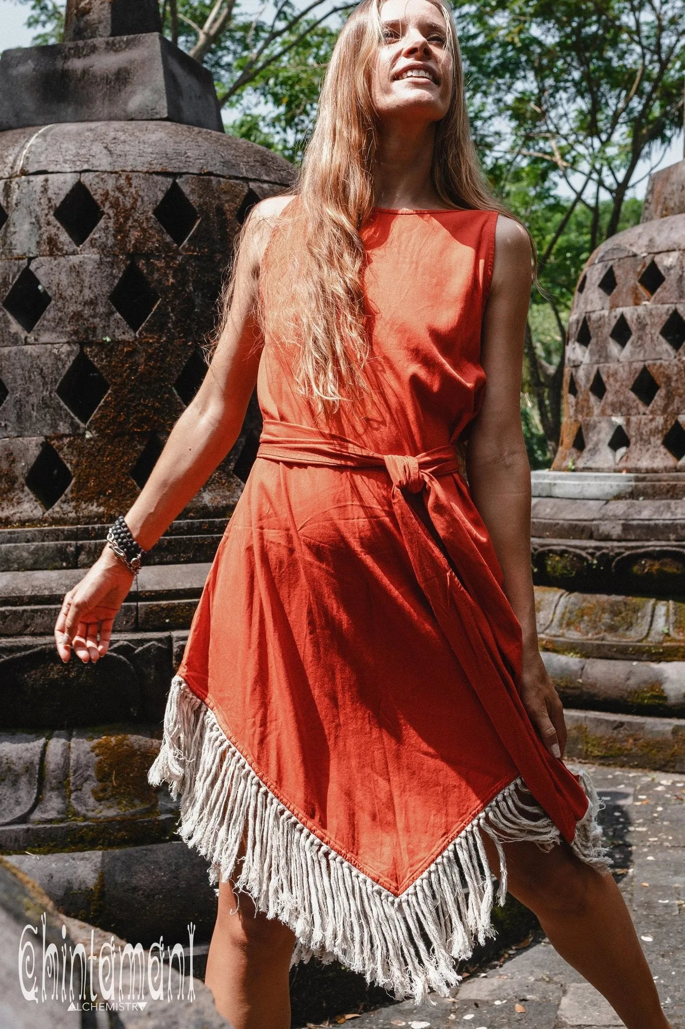 Cotton Corner Fringe Dress for Women / Red Ochre