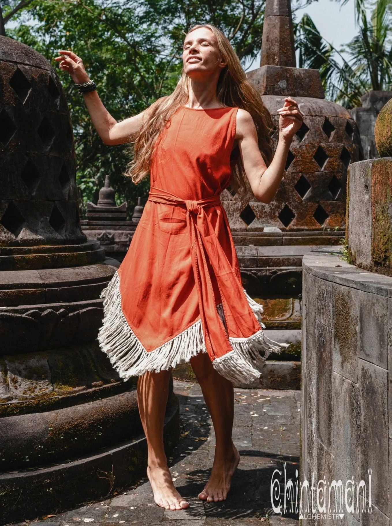 Cotton Corner Fringe Dress for Women / Red Ochre