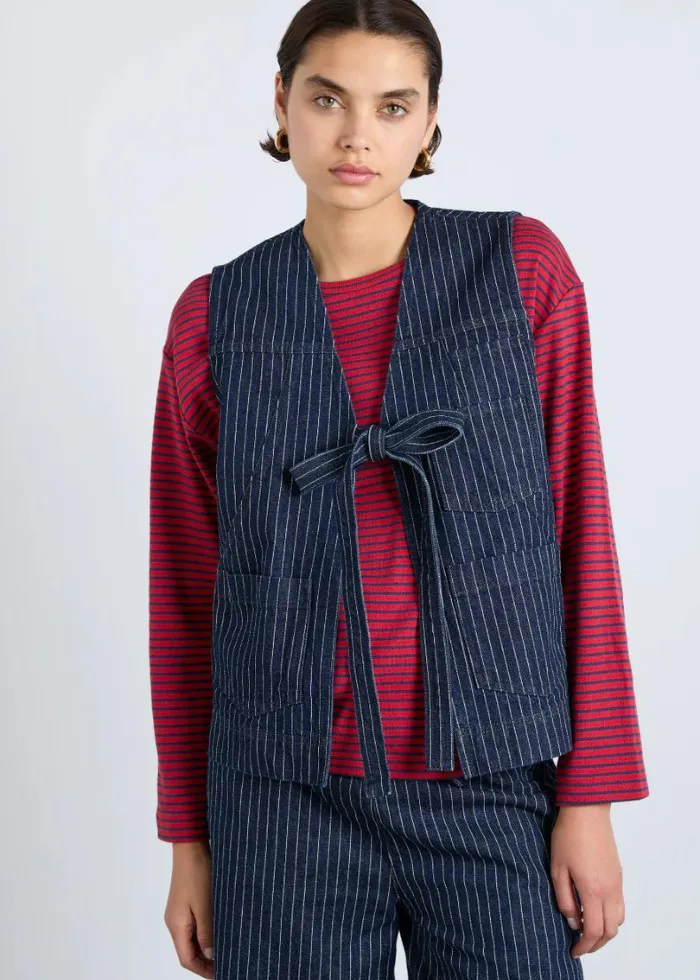 Damson Madder Dilly Denim Gilet - Navy Pinstripe