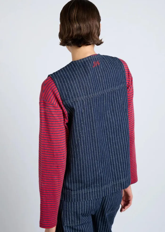 Damson Madder Dilly Denim Gilet - Navy Pinstripe