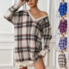 Deer Plush V-neck Long Sleeve Plaid Winter Jumper Mini dress