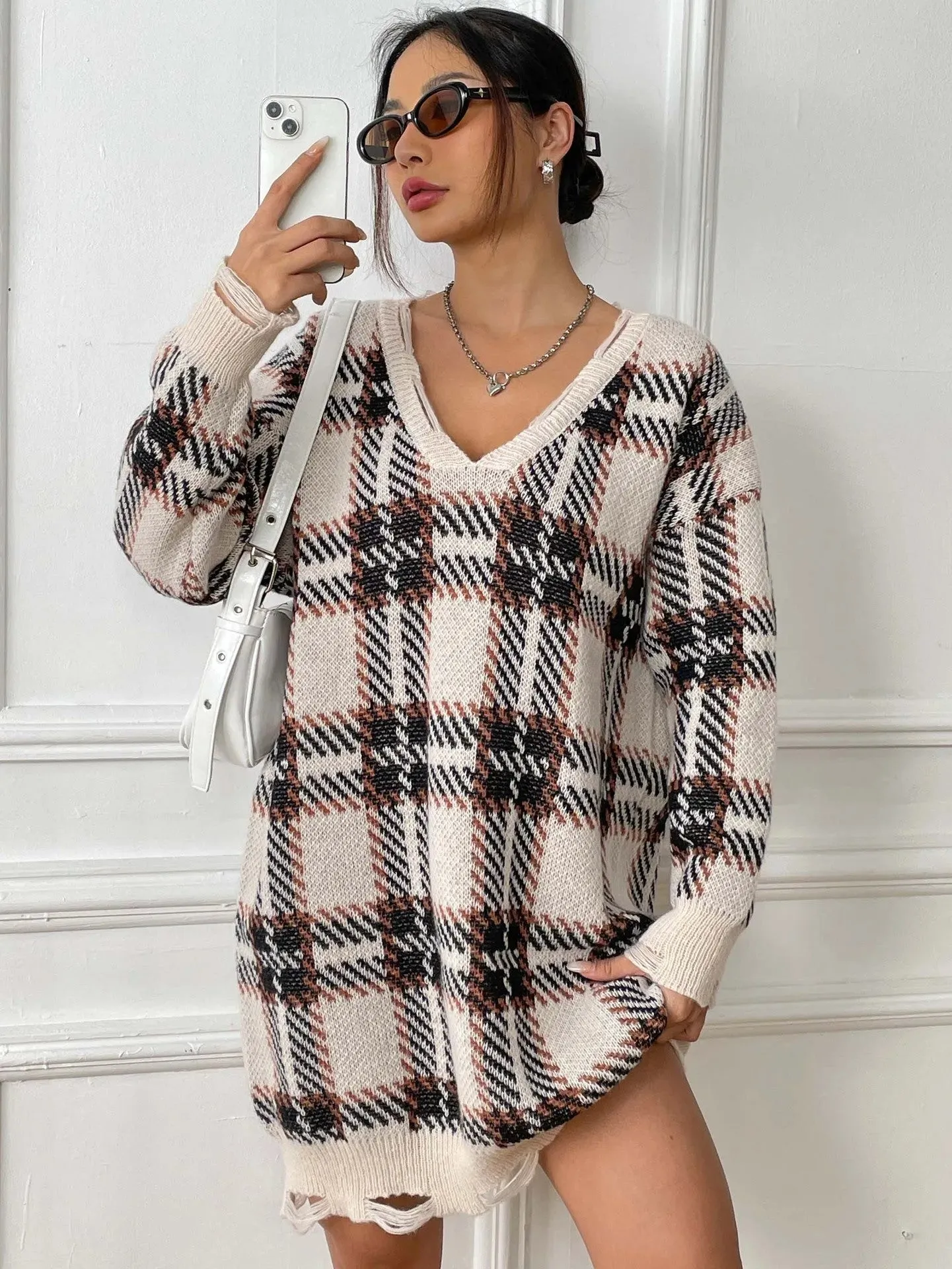 Deer Plush V-neck Long Sleeve Plaid Winter Jumper Mini dress