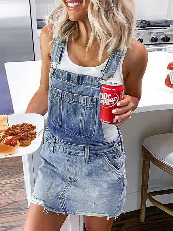 Distressed Denim Overall Mini Dress